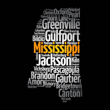 Mississippi ABD eyaletindeki şehirlerin listesi, harita silueti kelime haritası konsepti arka plan