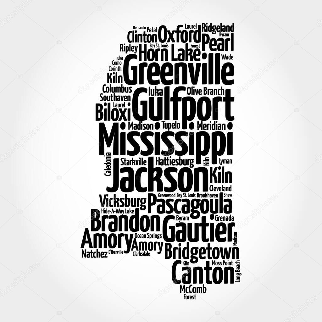 List of cities in Mississippi USA state, map silhouette word cloud map concept background