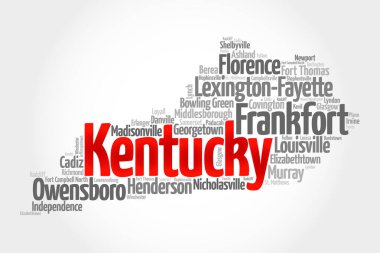 List of cities in Kentucky USA state, map silhouette word cloud map concept background clipart
