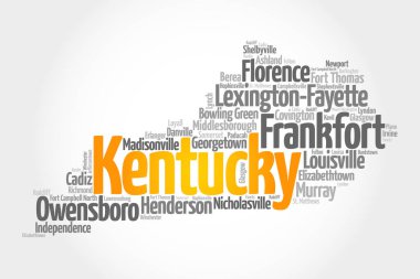 Kentucky 'deki şehirlerin listesi, harita silueti kelime haritası konsepti arka plan
