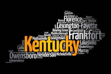 Kentucky 'deki şehirlerin listesi, harita silueti kelime haritası konsepti arka plan
