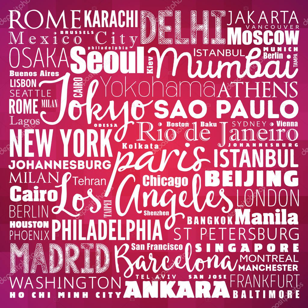 Cities of the world, travel destinations word cloud concept, business backgroun