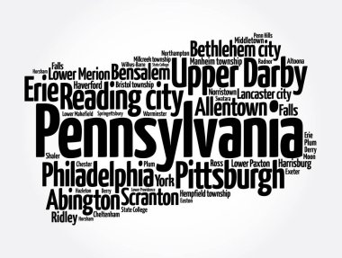 Pennsylvania 'daki şehirlerin listesi, harita silueti kelime haritası konsepti arka plan