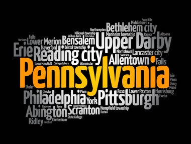 Pennsylvania 'daki şehirlerin listesi, harita silueti kelime haritası konsepti arka plan
