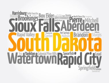 List of cities in South Dakota USA state, map silhouette word cloud map concept background clipart