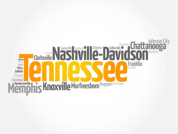 Lijst Van Steden Tennessee Verenigde Staten Staat Kaart Silhouet Woord — Stockfoto