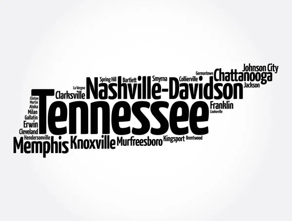 Lista Ciudades Estado Tennessee Mapa Silueta Palabra Nube Mapa Concepto — Foto de Stock