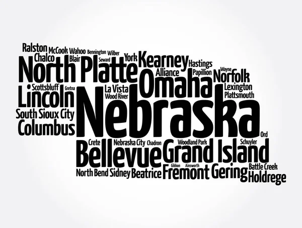 Lista Ciudades Nebraska Estado Mapa Silueta Palabra Nube Mapa Concepto — Foto de Stock