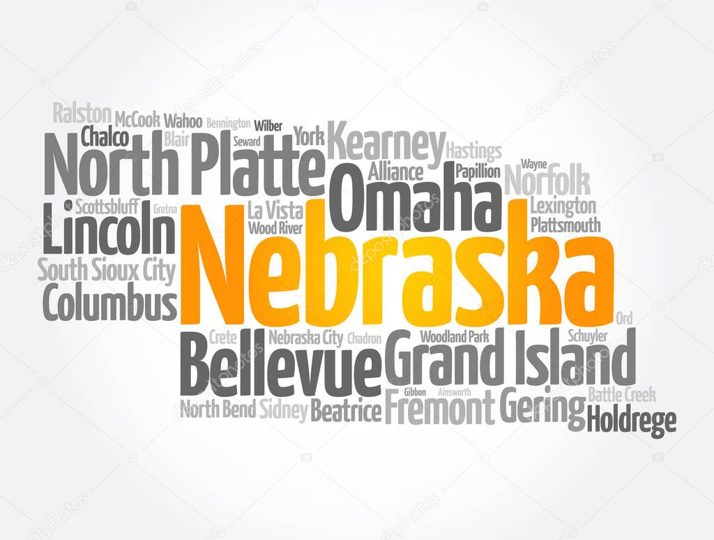 List of cities in Nebraska USA state, map silhouette word cloud map