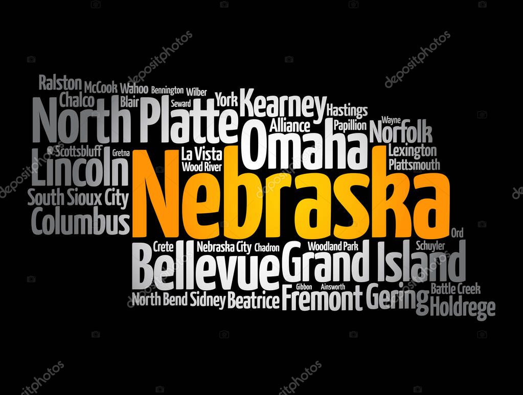 Stadt In Nebraska Usa Mit 5 Buchstaben List of cities in Nebraska USA state, map silhouette word cloud map