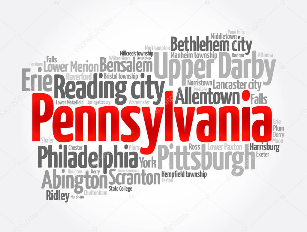 List of cities in Pennsylvania USA state, map silhouette word cloud map