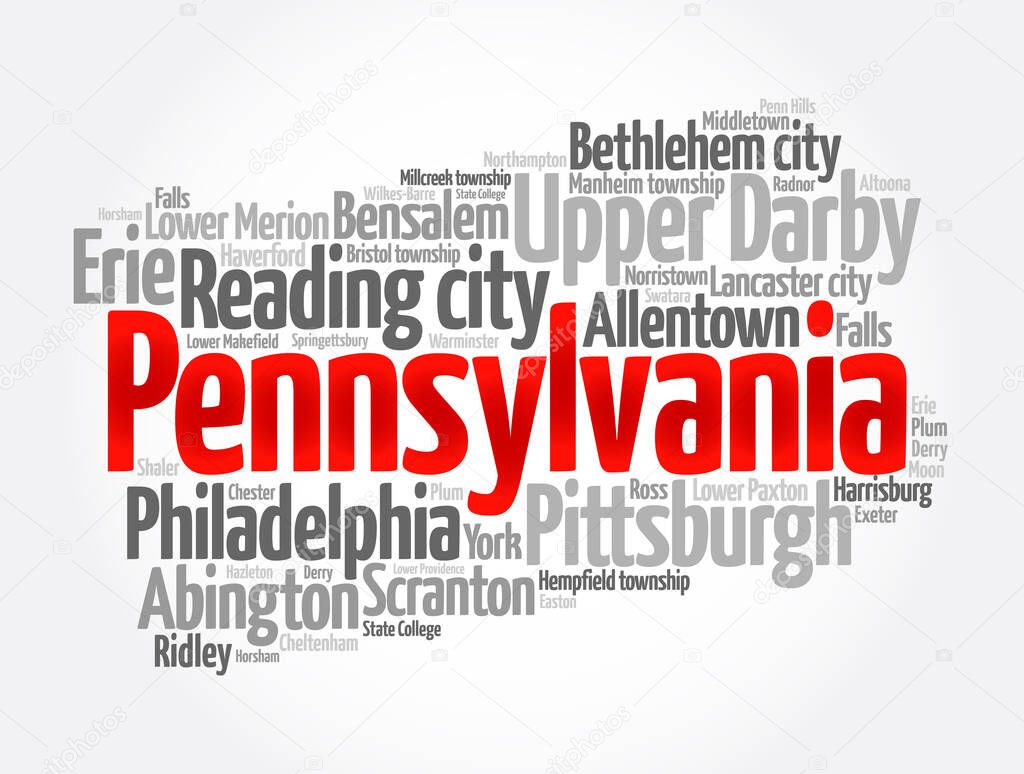 List of cities in Pennsylvania USA state, map silhouette word cloud map concept background