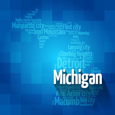 Michigan 'daki şehirlerin listesi, harita silueti kelime bulutu, harita kavramı geri gruplama