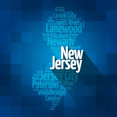 New Jersey 'deki şehirlerin listesi, harita silueti kelime bulutu, harita konsepti