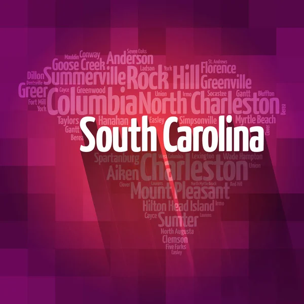 Lista Över Städer South Carolina Usa Stat Karta Siluett Ord — Stockfoto