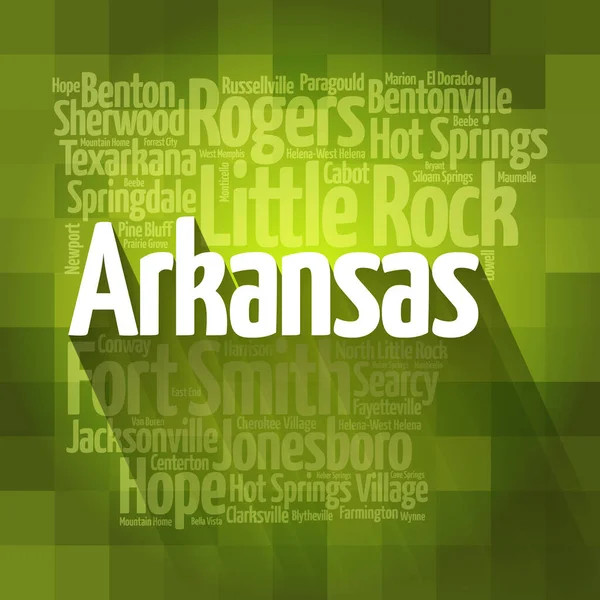Lista Över Städer Arkansas Usa Stat Karta Siluett Ord Moln — Stockfoto