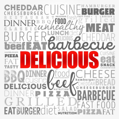 DELICIOUS kelime bulut kolajı, fast food konsepti geçmişi