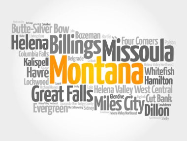List of cities in Montana USA state, map silhouette word cloud, map concept background clipart