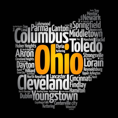 Ohio 'daki şehirlerin listesi, harita silueti kelime bulutu, harita konsepti arka plan