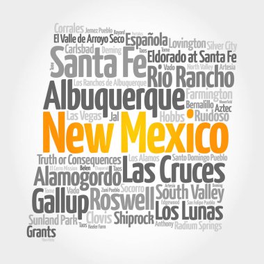 New Mexico 'daki şehirlerin listesi, harita silueti kelime bulut, harita konsepti arka plan