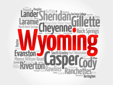 Wyoming 'deki şehirlerin listesi, siluet haritası kelime bulutu