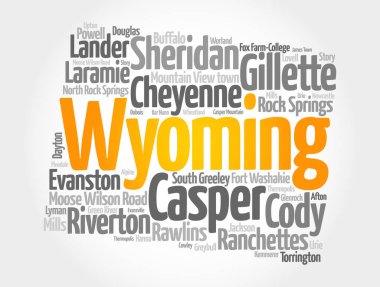 Wyoming 'deki şehirlerin listesi, siluet haritası kelime bulutu