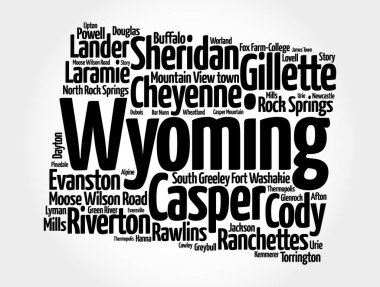 Wyoming 'deki şehirlerin listesi, siluet haritası kelime bulutu