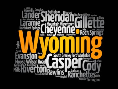 Wyoming 'deki şehirlerin listesi, siluet haritası kelime bulutu