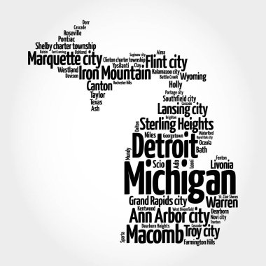 Michigan 'daki şehirlerin listesi, harita silueti kelime bulutu, harita konsepti geçmişi
