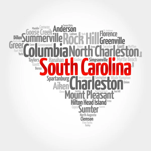 Lista Ciudades Estado Carolina Del Sur Mapa Silueta Palabra Nube — Foto de Stock