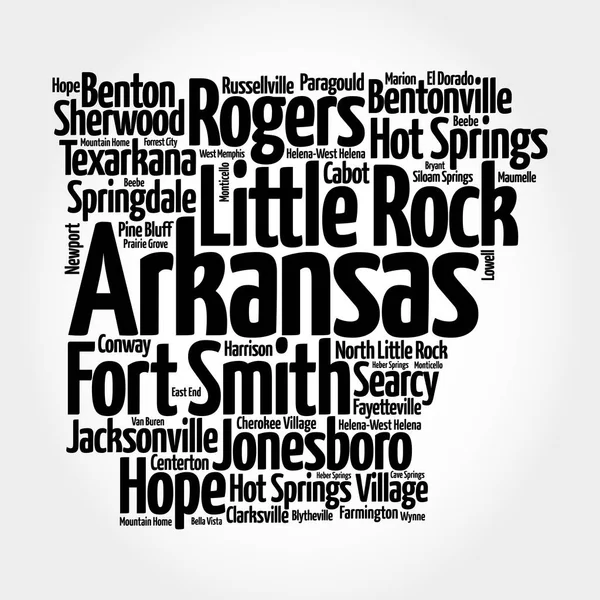 Lista Ciudades Arkansas Estados Unidos Mapa Silueta Palabra Nube Mapa — Foto de Stock