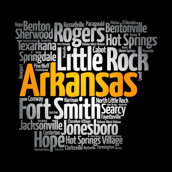 Lista Ciudades Arkansas Estados Unidos Mapa Silueta Palabra Nube Mapa — Foto de Stock