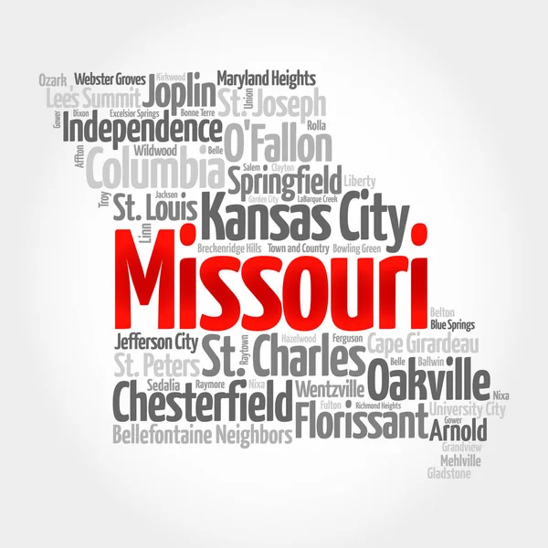 Lista Ciudades Missouri Usa State Map Silhouette Word Cloud Map — Foto de Stock