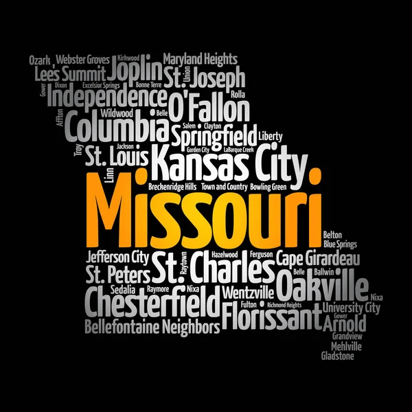 Lista Ciudades Missouri Usa State Map Silhouette Word Cloud Map — Foto de Stock