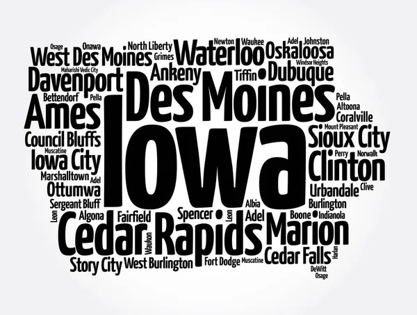 Lista Ciudades Iowa Estado Mapa Silueta Palabra Nube Mapa Concepto — Foto de Stock