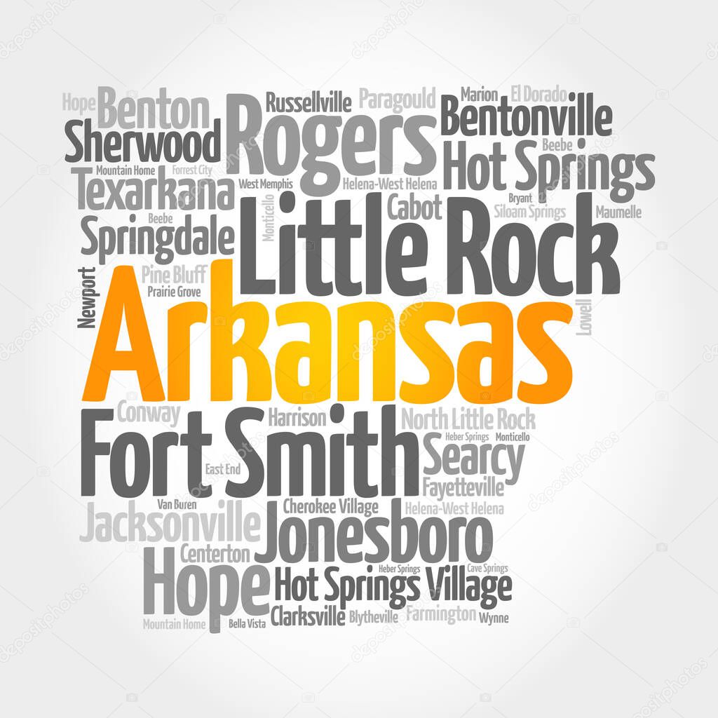 List of cities in Arkansas USA state, map silhouette word cloud, map concept background
