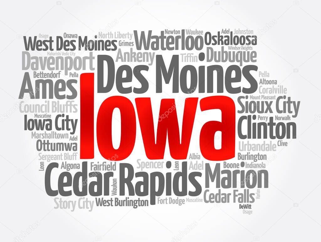 List of cities in Iowa USA state, map silhouette word cloud, map concept background