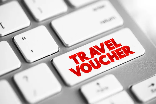 Travel Voucher Przycisk Tekstowy Klawiaturze Koncepcja Backgroun — Zdjęcie stockowe