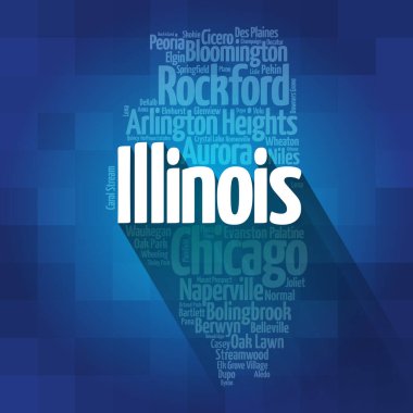 Illinois ABD eyaletindeki şehirlerin listesi, harita silueti kelime bulut haritası konsepti