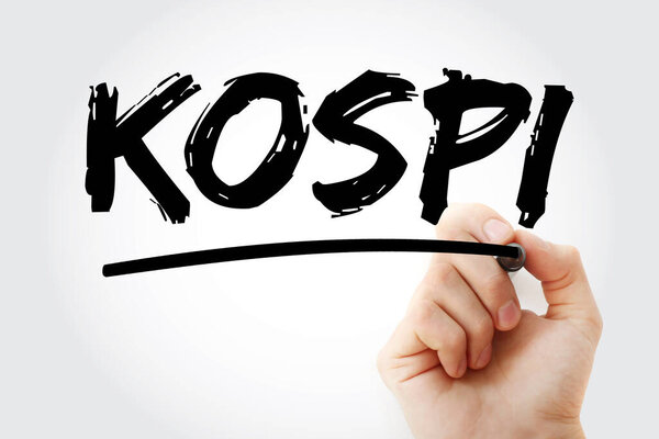КОСПИ - Аббревиатура корейского фондового индекса Composite Stock Price Index с маркером и бизнес-концепцией.