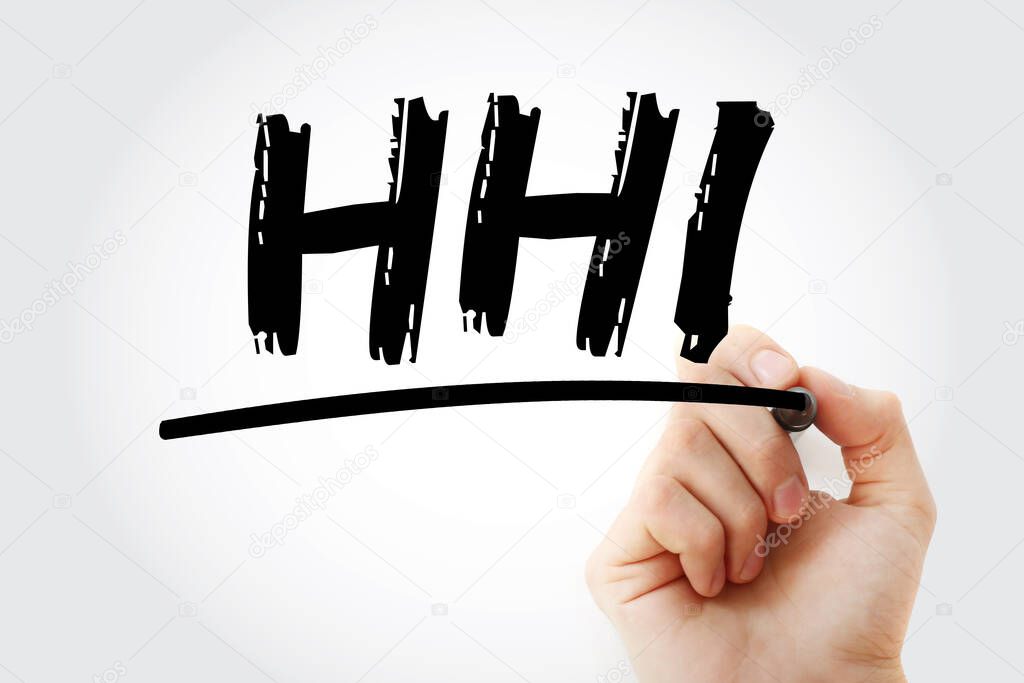 HHI - Herfindahl Hirschman Index acronym with marker, business concept background