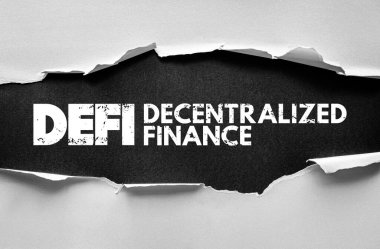 DEFI Decentralized Finance message under torn paper background illustrating modern blockchain, cryptocurrency, fintech innovation, smart contract technology, and global finance evolution concept