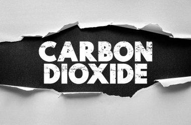 Yırtık kağıt altında ortaya çıkan CARBON DIOXIDE metni gaz emisyonu, hava kirliliği, küresel ısınma ve çevresel ve bilimsel bağlamda iklim bilincini sembolize etmektedir
