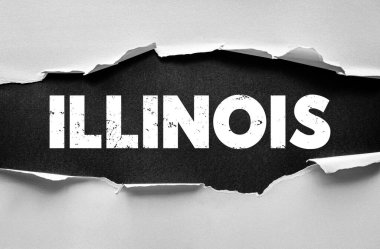 Yırtık kağıt altında kalın beyaz yazı tipi ile ILLINOIS metni. Modern tipografik kavram, Amerikan devlet adını taşralı ve sıkıntılı sanatsal düzenle temsil ediyor.