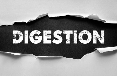 Yırtık kağıt arkaplanda DIGESTION metni gösterildi. Sağlık, metabolizma ve vücut beslenme süreci kavramı