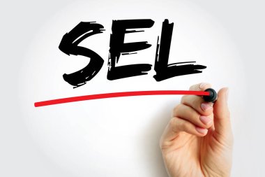 SEL (Sosyal ve Duygusal Öğrenme) işaretleyici ve kırmızı çizgili metin, sosyal duygusal öğrenme ve refah konsepti, eğitim ve gelişimsel büyüme