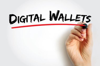 Dijital Cüzdan metni elle kalın kalemle yazılmış ve altını kırmızıyla çizilmiş. Çevrimiçi ödemeler, mobil işlemler, fintech ve e-ticaret yenilikleri için konsept resim