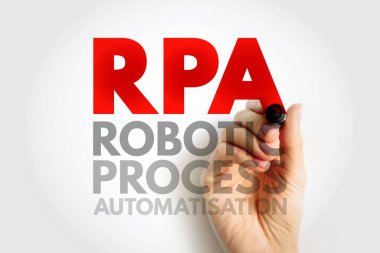RPA Robotik Süreç Otomatikleştirme kısaltma kavramı ve elinde kalem tutan bir el. Dijital otomasyon ve iş akışı verimliliği teknoloji örnekleme arkaplanı