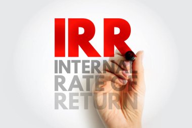 IRR Geri Dönüş Hızı kavramı ve el kalemi. İş, muhasebe ve ekonomik eğitim geçmişi için finans ve yatırım tanımı