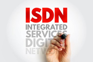 ISDN Entegre Hizmetler Dijital Ağ metni bir el işareti ile, telekomünikasyon, dijital iletişim ve veri teknolojisi sistem konsepti imajını sembolize eder